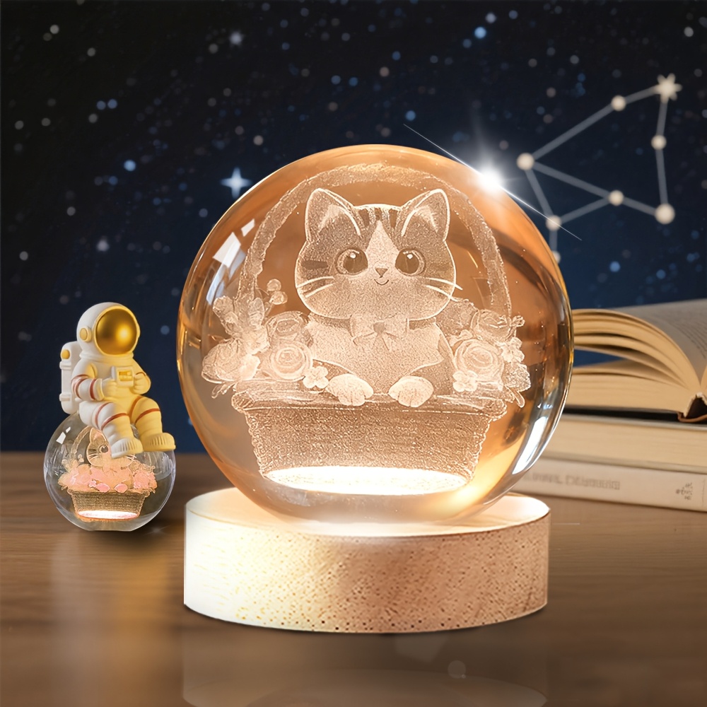 TEMU A Decorative Crystal Ball With 3d-engraved "flower Basket & Kitten", Plus A Color-changing Led Base (works As A Nightlight). Perfect For