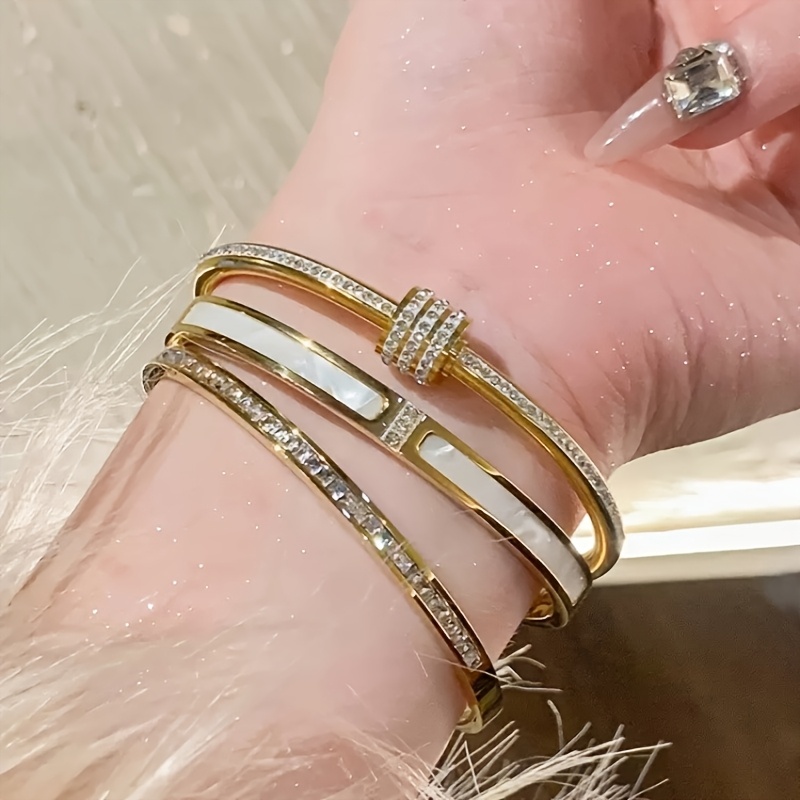 TEMU 3pcs Set Of Starry Sky Slim Waist Stainless Steel Rhinestone-inlaid Bracelets, With Rhinestone Decoration, Fade-resistant Light Luxury Versatile