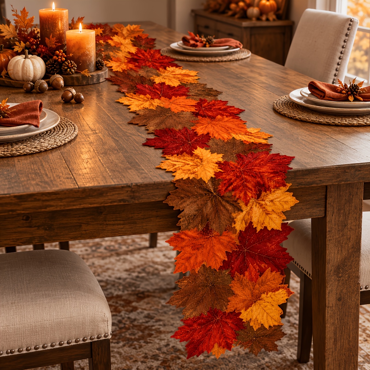 TEMU Chemin de table de style ferme 1 pièce - Décoration de table feuille d'érable d'automne avec bords repassés, imprimé feuille d'érable