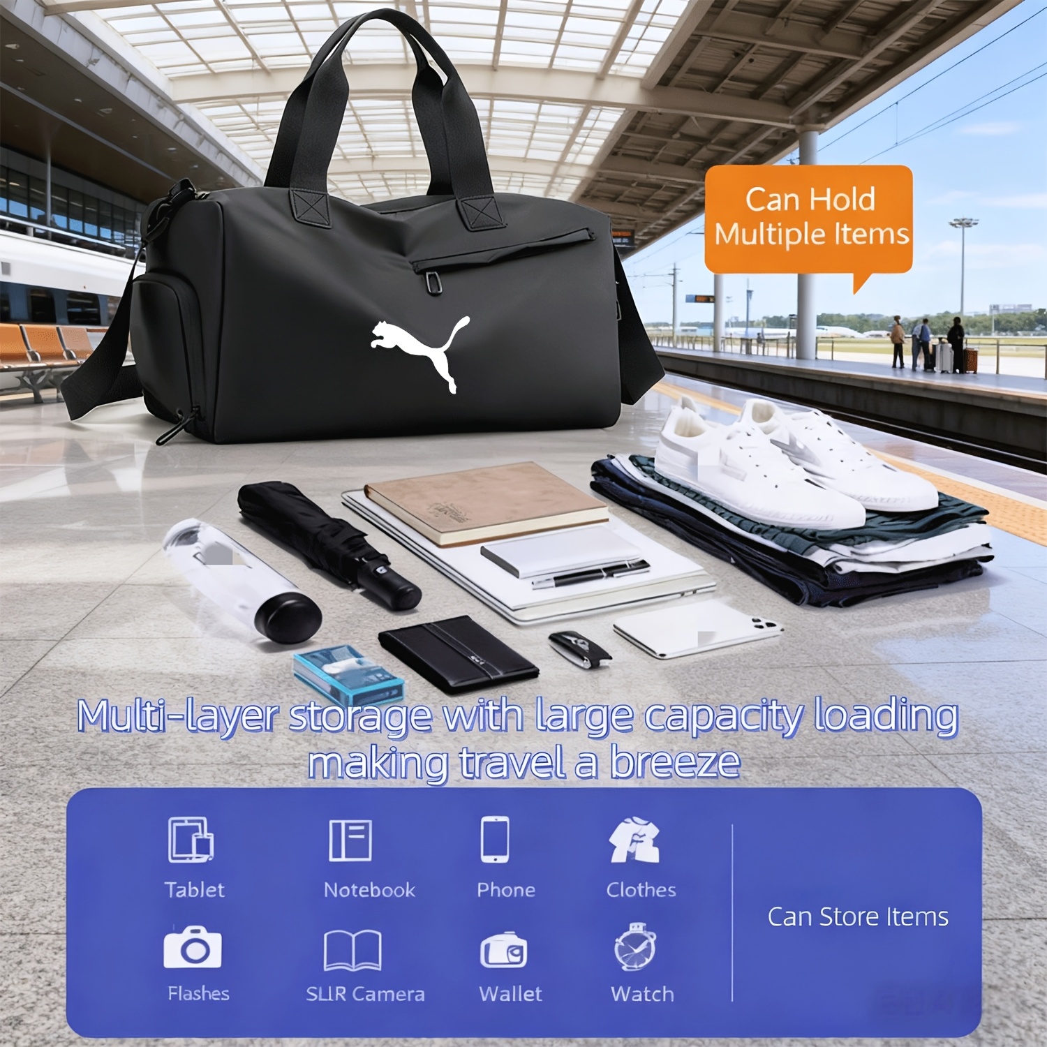 PUMA Logo Print Gym Bag, Professional Wet & Dry Separation, Extra Large Capacity, Unisex Lightweight Sports Bag, Street Fashion, Short & Long Distance Travel, Crossbody Sports Style Luggage Bag