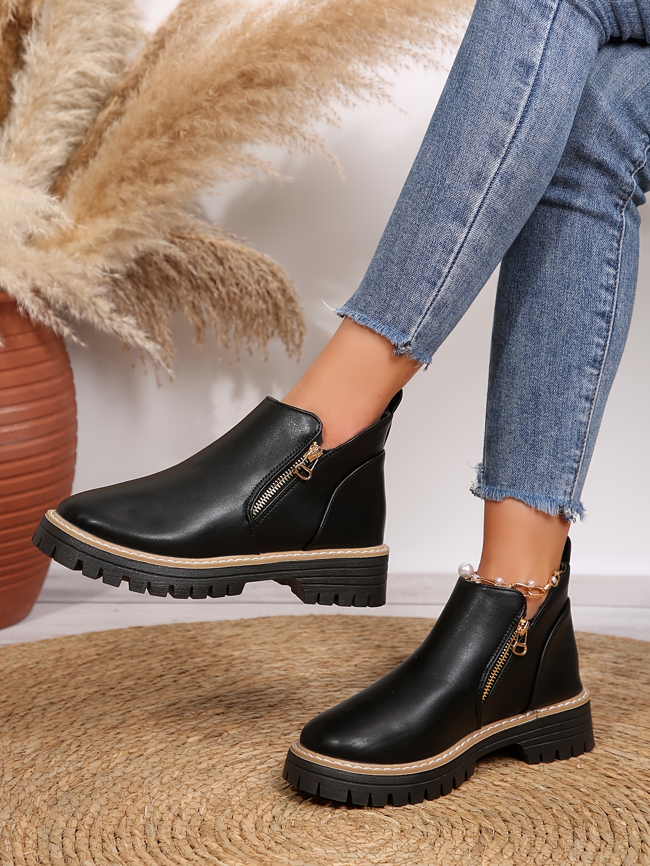 women s autumn and winter new thick-soled   breathable low-heeled round-toe side zipper closed short boots, and advanced women s shoes. Product details 1