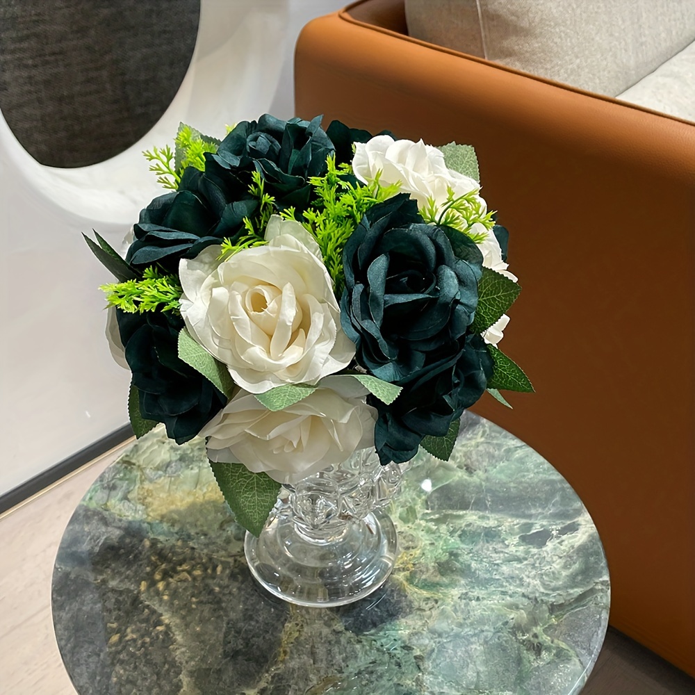 

Artificial Emerald And Ivory Rose Flower Ball Arrangement, Fabric Floral Tabletop Decor For Home And Events - Set Of 1