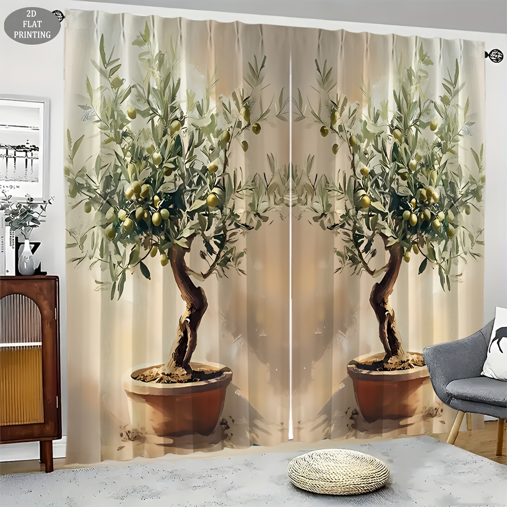 TEMU 2d Flat - 2d Flat - Exquisite Curtain Piece, Curtains, Potted Olive Tree Theme Intricate Pattern, 2d Flat, Suitable For Festive Indoor