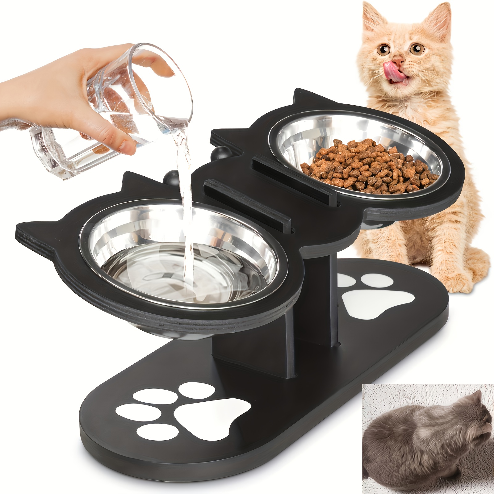 

Elevated Cat Bowls Set, 15° Pet Feeding Dishes With Wooden Stand, Adjustable Height For Cats And Small Dogs, Uncharged, No Battery Required