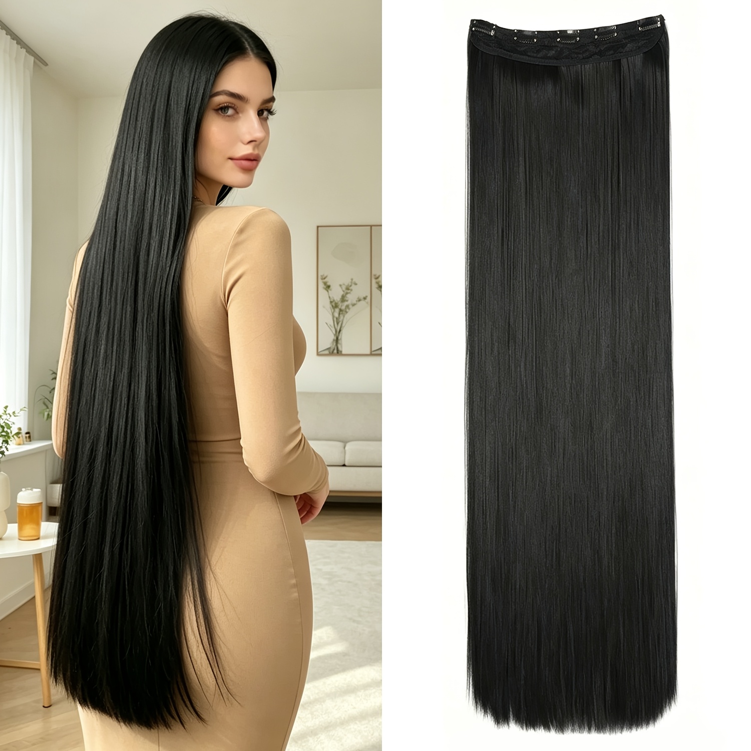 TEMU Merisihair Women' Clip- Long Straight Hair Extensions Suitable For Hair Types, Heat Resistant Synthetic Fiber Hairpiece With Look, Clip-ins For