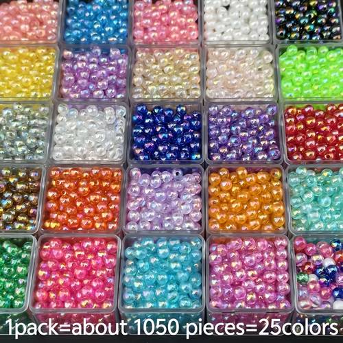 1050 piezas (1050 cuentas) de 25 colores, cuentas redondas iridiscentes ab de 6 mm, adecuadas para fabricación de joyas, manualidades diy, suministros para abalorios de pulseras y collares, accesorios para cadenas de teléfono, cuentas para teléfono con ab para artesanía