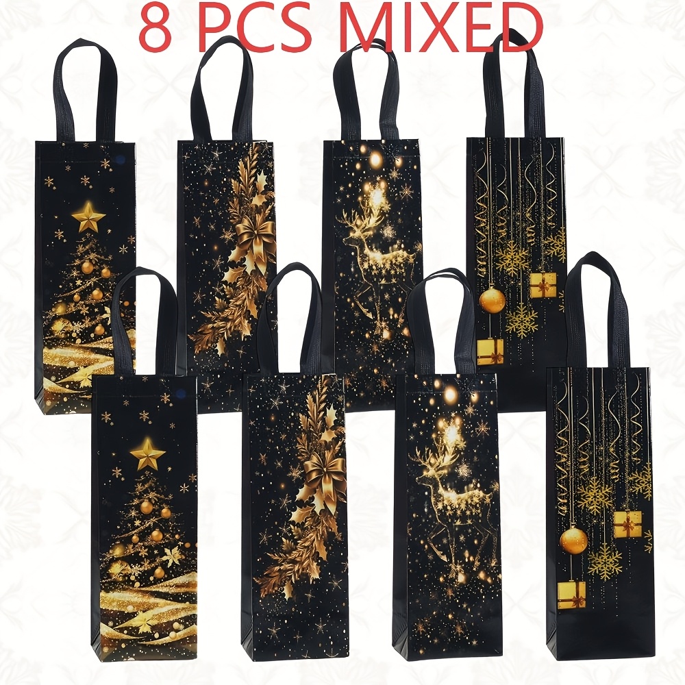 TEMU 8 Christmas Wine Bottle Gift Bags, Reusable Non-woven Wine With Black And Golden Christmas Tree And Reindeer Print, For Holiday Wine Gifting,