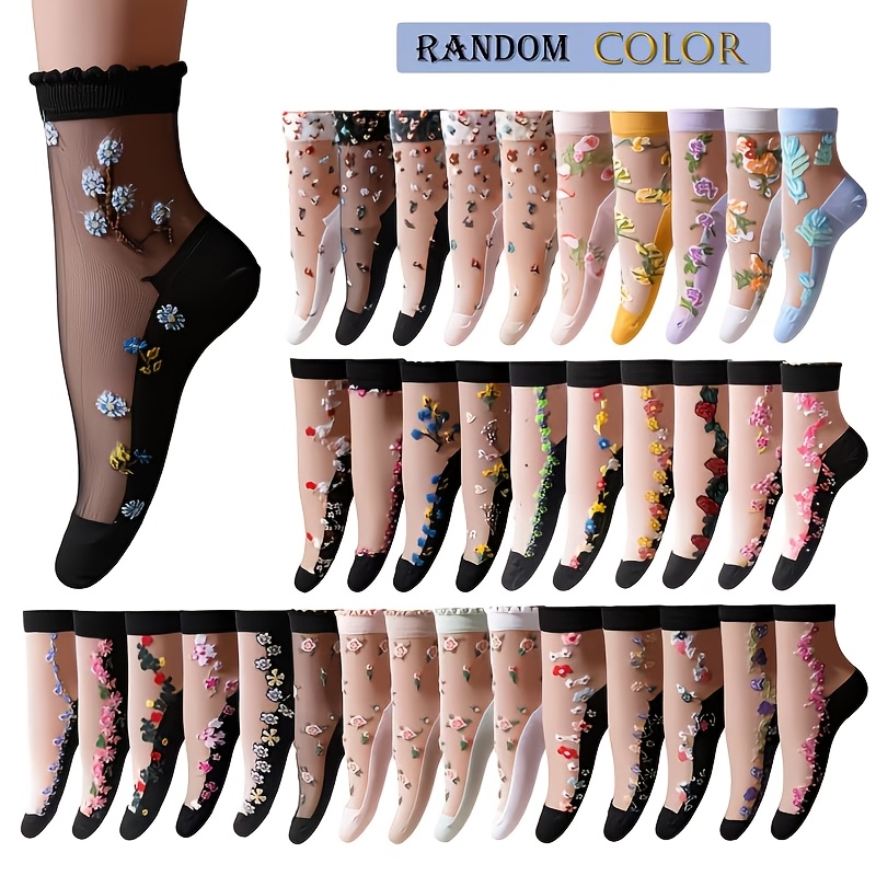 TEMU 30 Random Socks (15 Pairs) For Spring And Summer, Thin Breathable Glass Mesh, Crystal, Anti Slip Bottom, Women's Fashionable Transparent Socks,