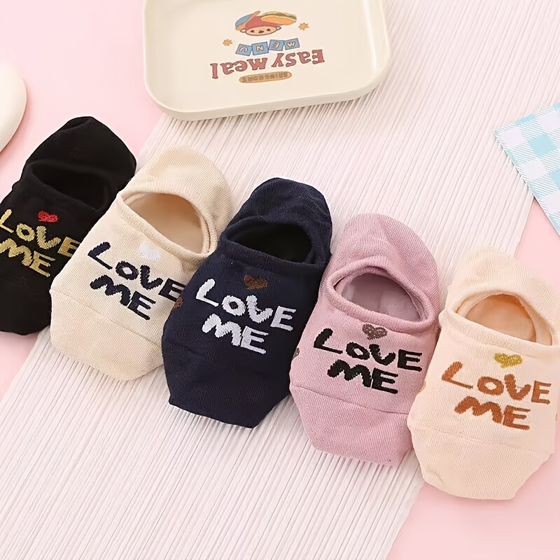 TEMU Juego de 5 pares de calcetines invisibles de corte bajo, transpirables, de color liso, estilo japonés minimalista, con estampado de letras, para