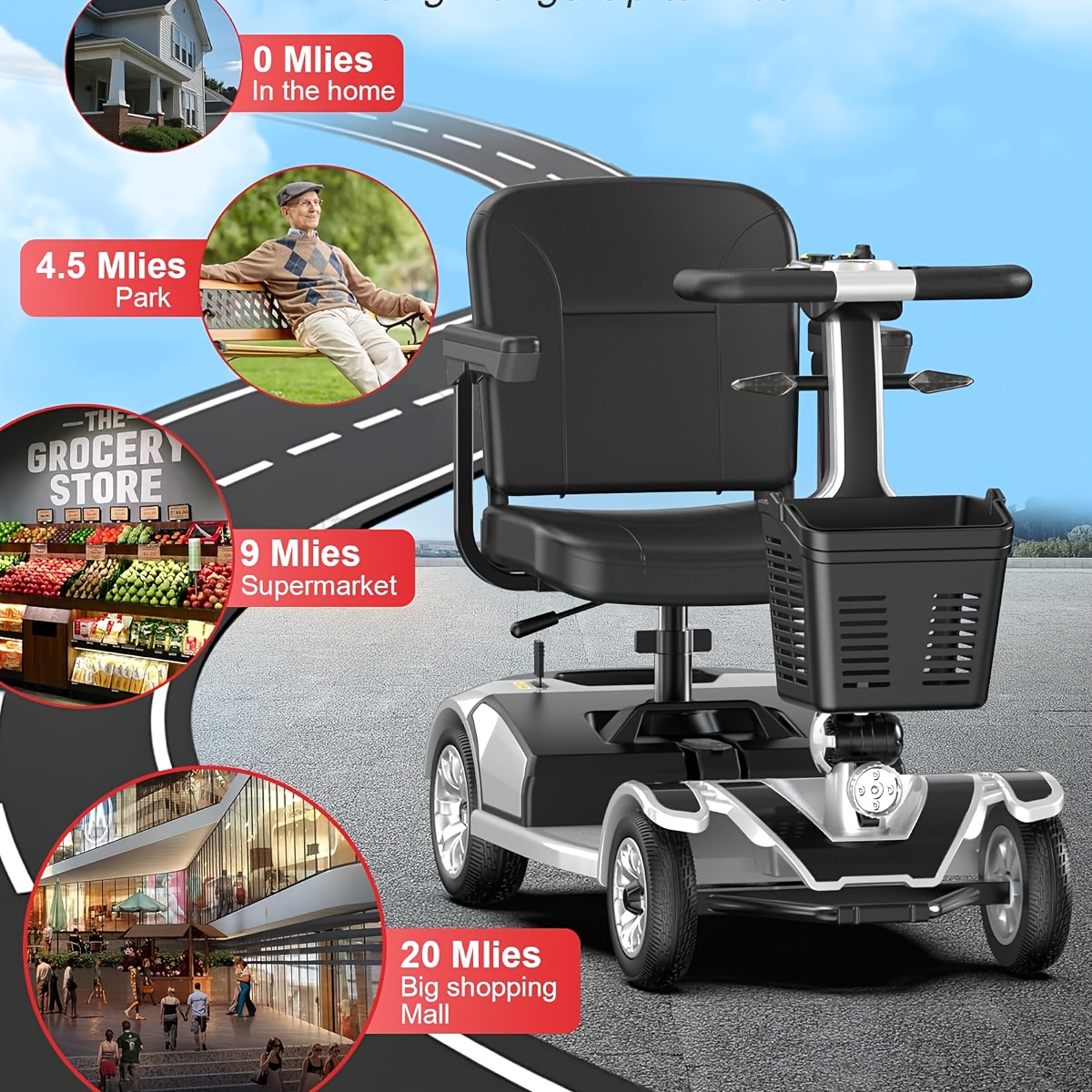 foldable four wheel mobility scooter for transporting adults and elderly electric scooter with removable battery 360 swivel seat front and back   lights tools free assemble 8 inch 9 inch solid tires electric mobility aid for senior gift Product details 5