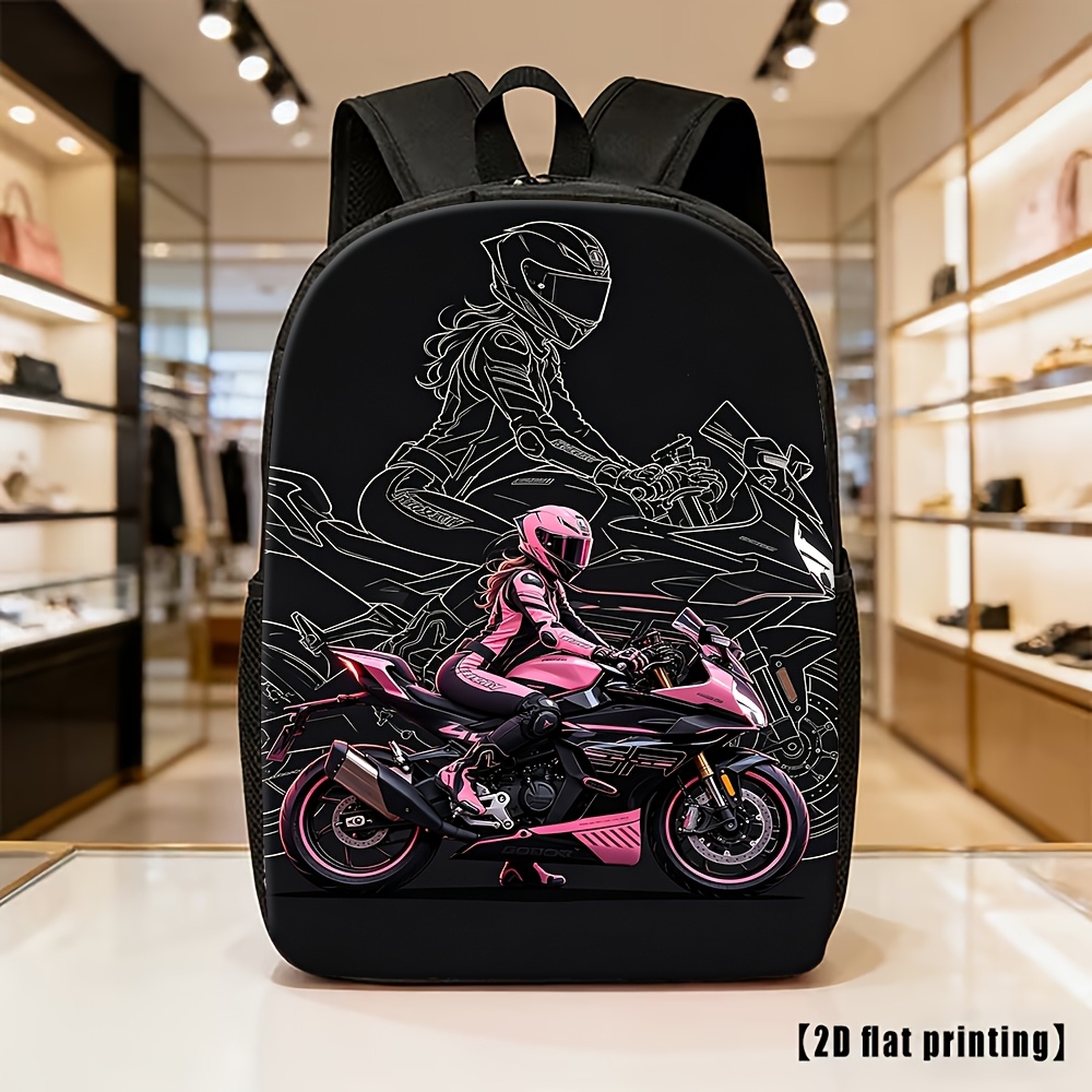 TEMU Motorcycle Rider Print Backpack - Pink Motorbike Themed School Bookbag With Adjustable Straps, Lightweight Zipper Closure Suitable For Travel,