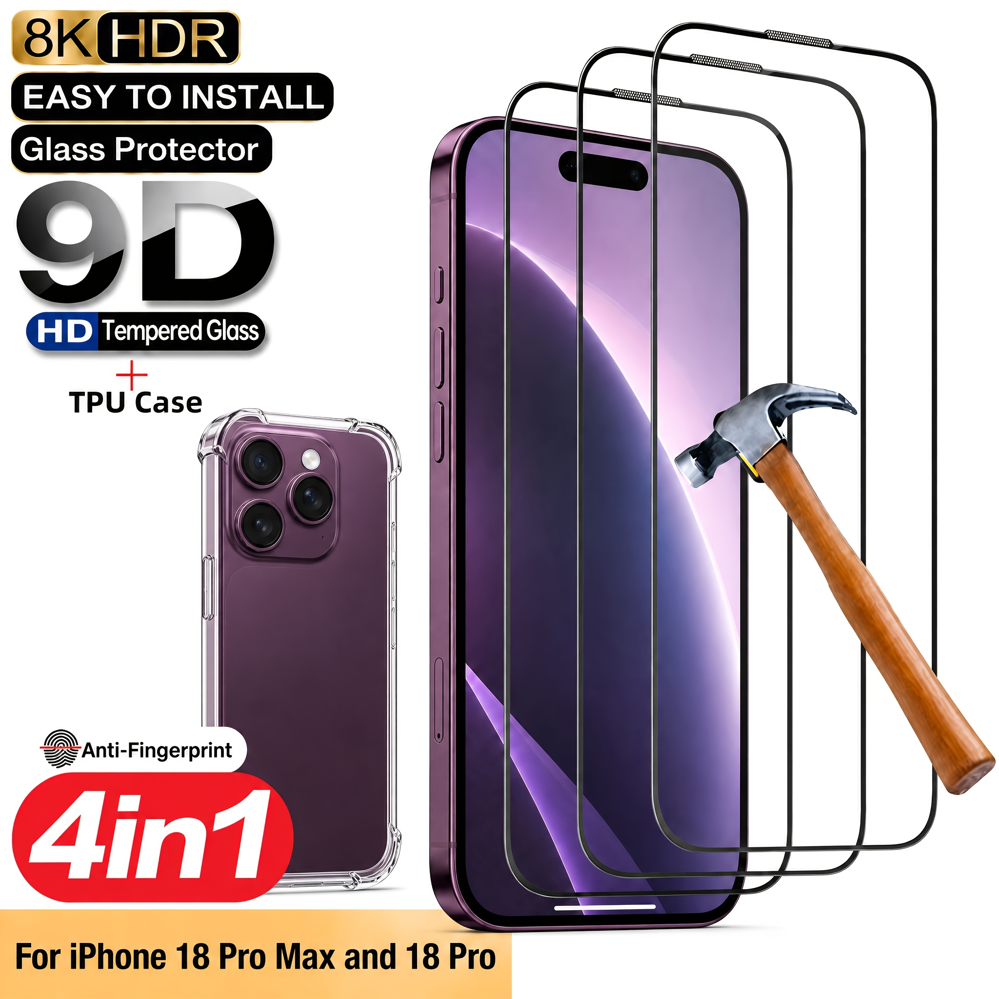 TEMU 4pcs Set, [3pcs Hd Tempered Glass Films And 1pc Tpu Phone Case] 9d, Full Coverage, Premium Tempered Glass Film, And 1pc Easy-to-install Large