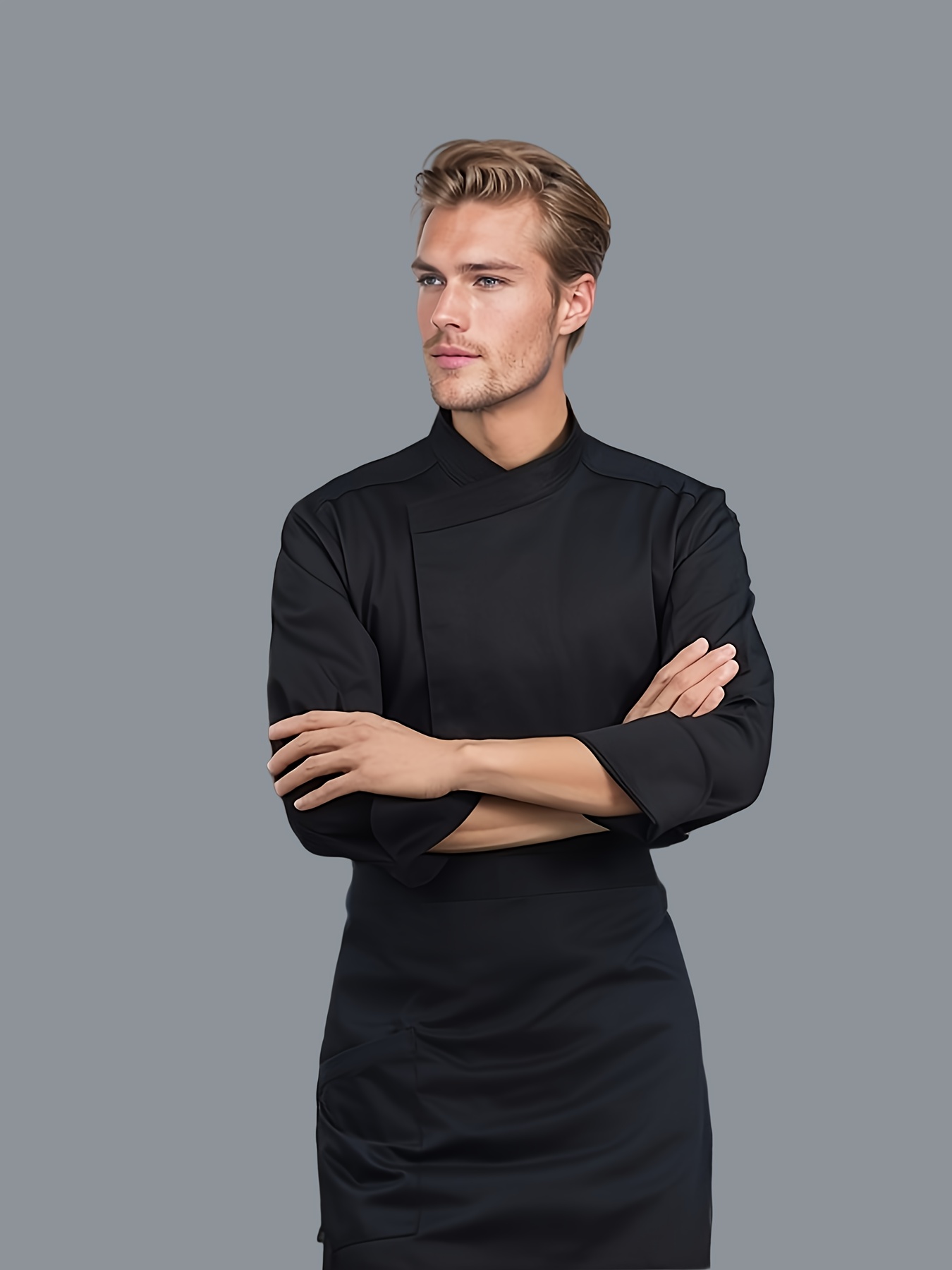 1pc mens premium   chef coat professional kitchen uniform with stand collar long sleeves woven fabric solid color non stretch for   bakery and   0
