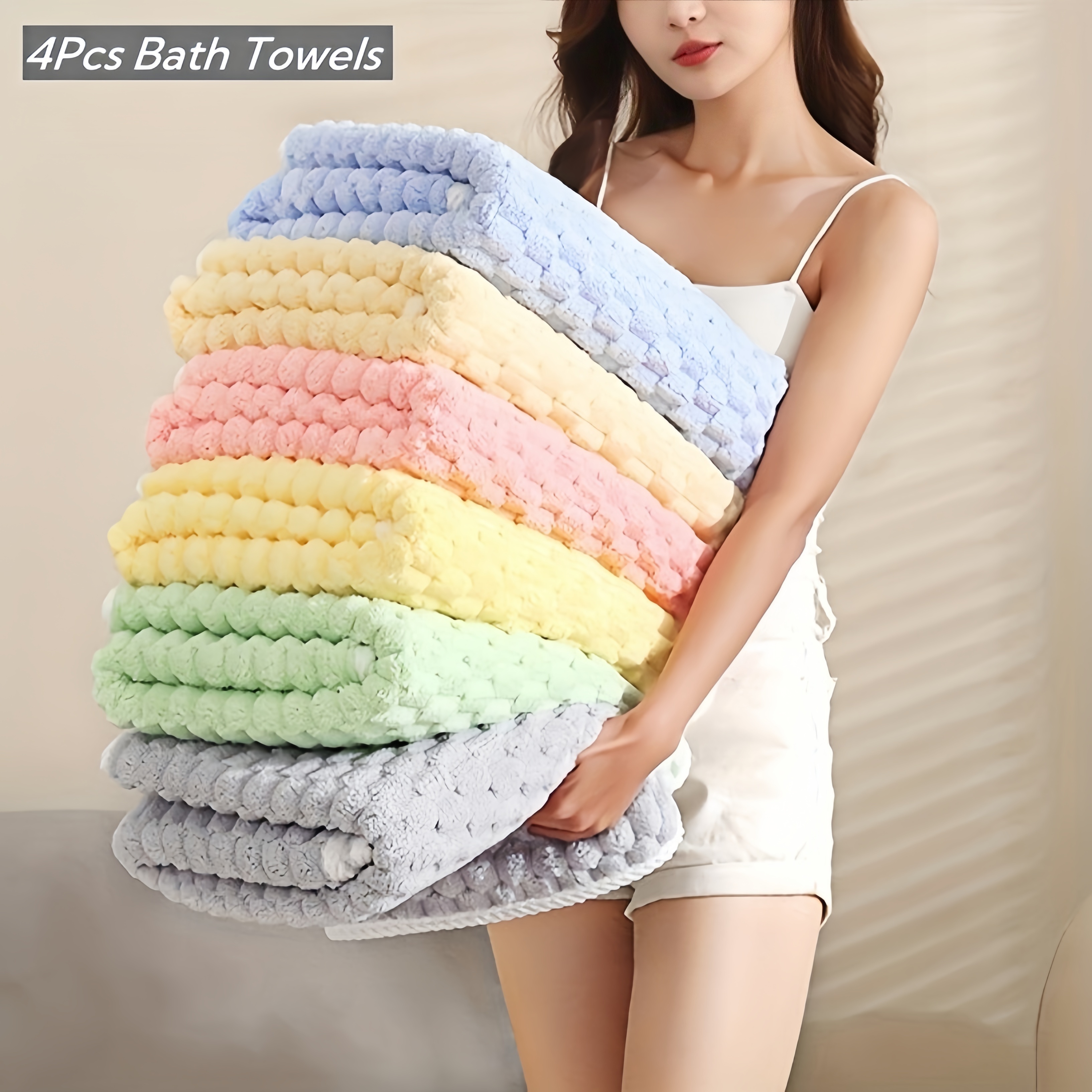 

Of 4 Waffled Super Bath Towels, -drying Towels For Adults, -drying Textured Towels, And Towels, For Use - 80% Polyester, 20% Polyamide