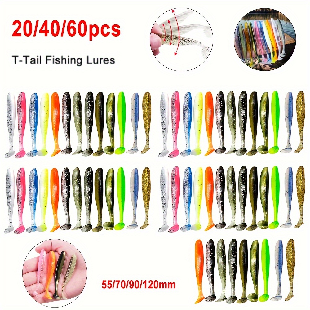 

20/40/60pcs T-tail Soft Bait Fishing Lures, Pvc Soft Bait Fishing Tackle, Assorted Sizes (55mm/70mm/90mm/120mm), , Fishing Accessories For Valentine's Day, , Thanksgiving, Father's Day, Teacher's Day