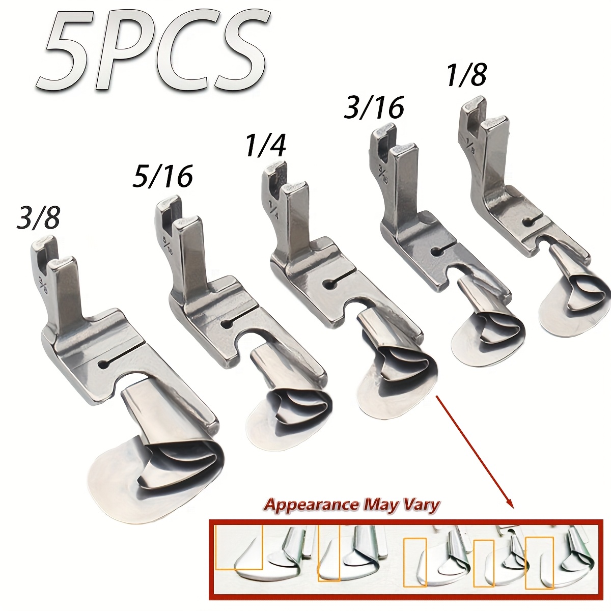 TEMU 5pcs Pied-de-biche à ourlet roulé incurvé double .3Mm et 0.6Mm pour machine à coudre industrielle, Pied à ourlet étroit avec tige incurvée pour