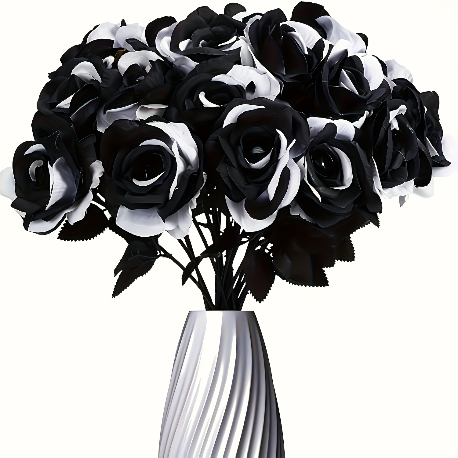 

12pcs Black Rose Artificial Flowers, Single Stemmed Fake Flower Bridal Bouquet, Realistic Flowers For Home Garden Parties, Halloween Christmas Decorations (black And White)