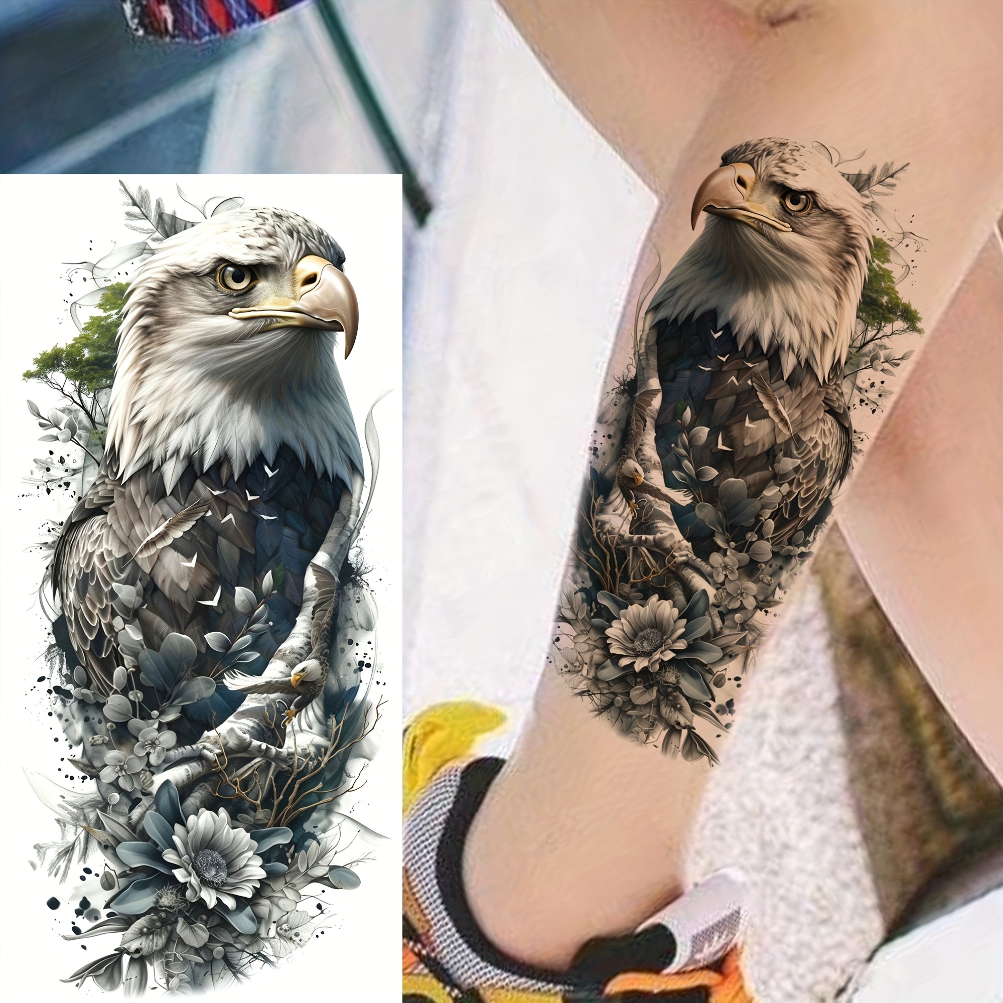 1 Sheet Bald Eagle Flower Temporary Tattoos For Women Men Arm Thigh Legs, Waterproof Realistic Fake Tattoo Stickers, Long Lasting Temp Bulk Half Arm Sleeve Tattoos For Adults
