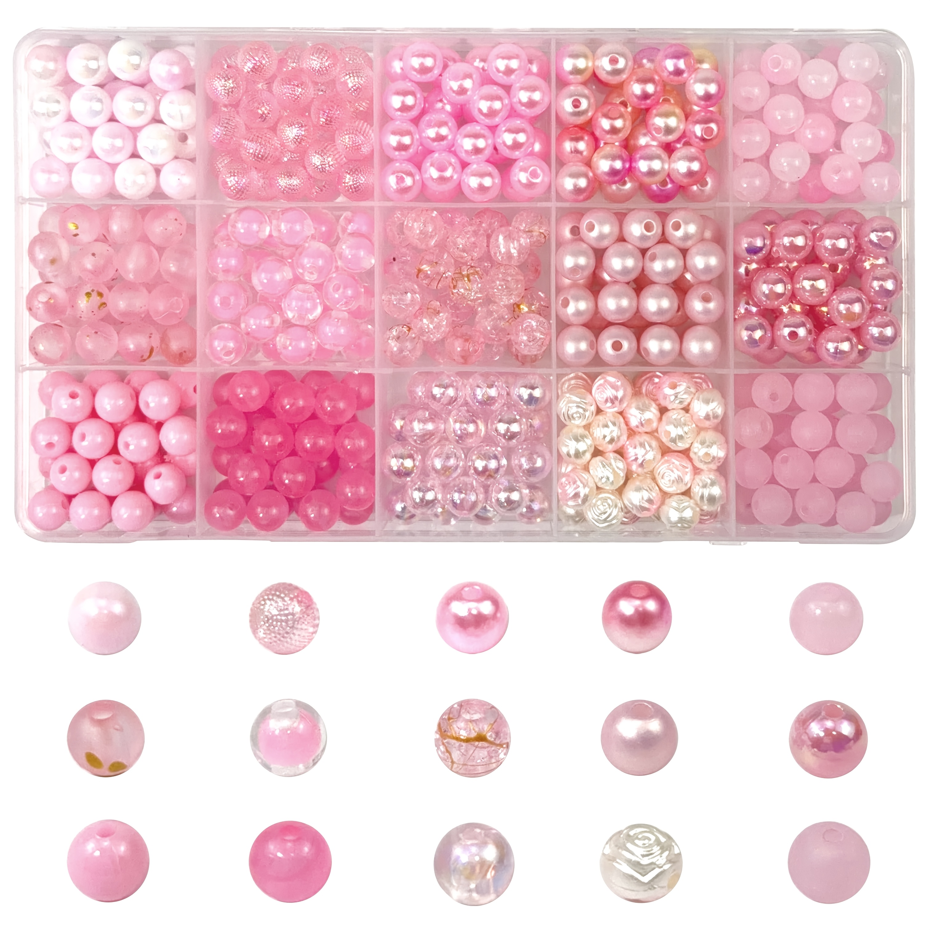 TEMU 360 pièces, 15 grilles, 15 styles, perles en acrylique rose de haute qualité, perles roses, perles sirène et perles à motif craquelé, perle dans