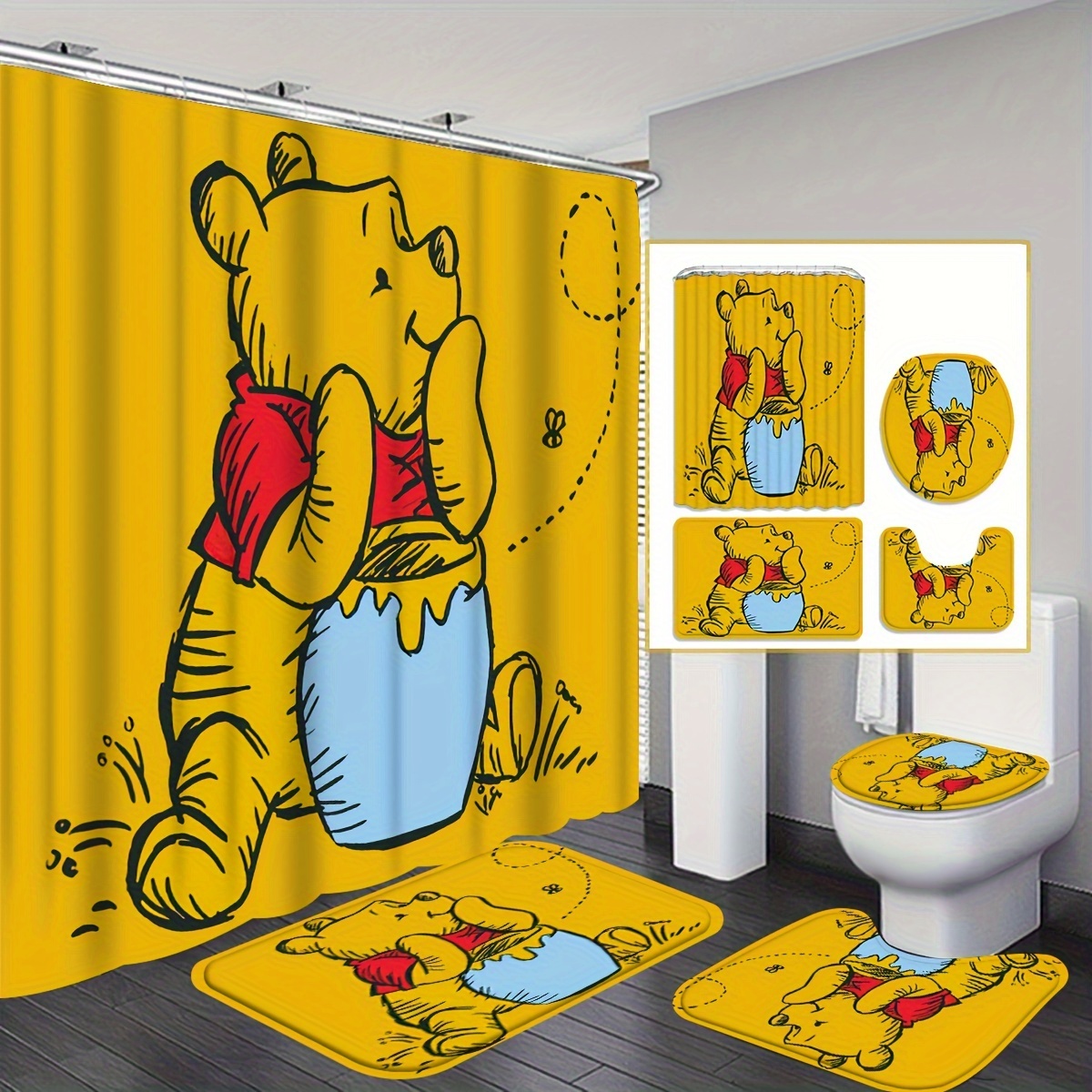 

1/4pcs Winnie Honey Pattern Shower Curtain Set, Waterproof Shower Curtain With 12 Hooks, Non-slip Bath Mat, U-shaped Toilet Mat, Toilet Mat, Bathroom Decor Accessories