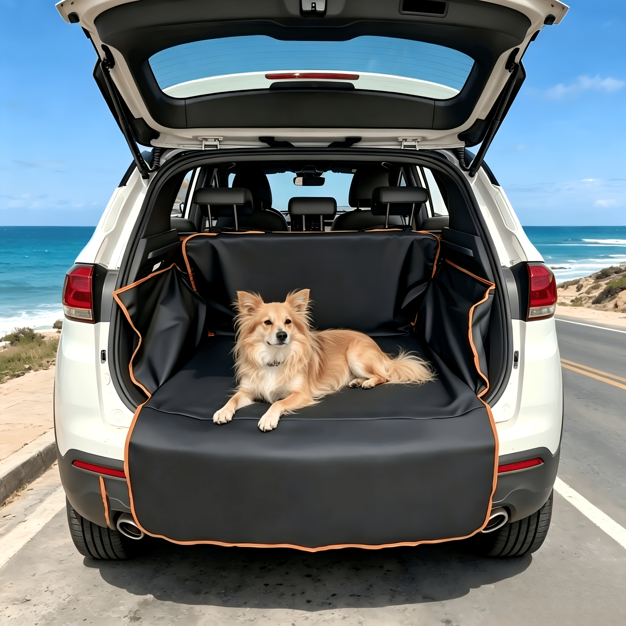 TEMU 1pc Waterproof Suv Cargo Liner For Dogs, Heavy Duty Anti-scratch Car Trunk Cover With Orange Trim, Universal Fit Vehicle Back Seat Protector,