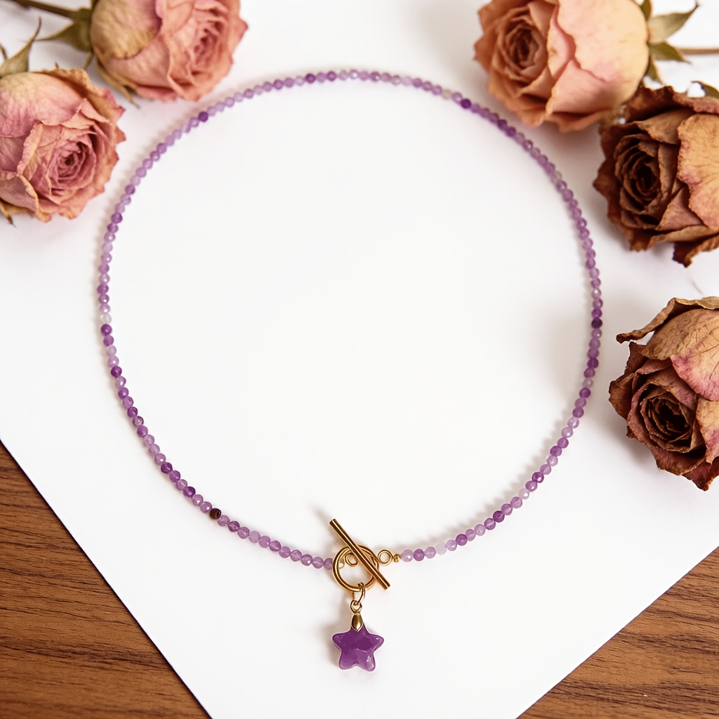 TEMU 1pc Lineargems Star Necklace For & - Minimalist Bohemian Suitable For Daily Wear, Golden Spacer Beads & Ot Clasp, Jewelry Gift For Valentine'