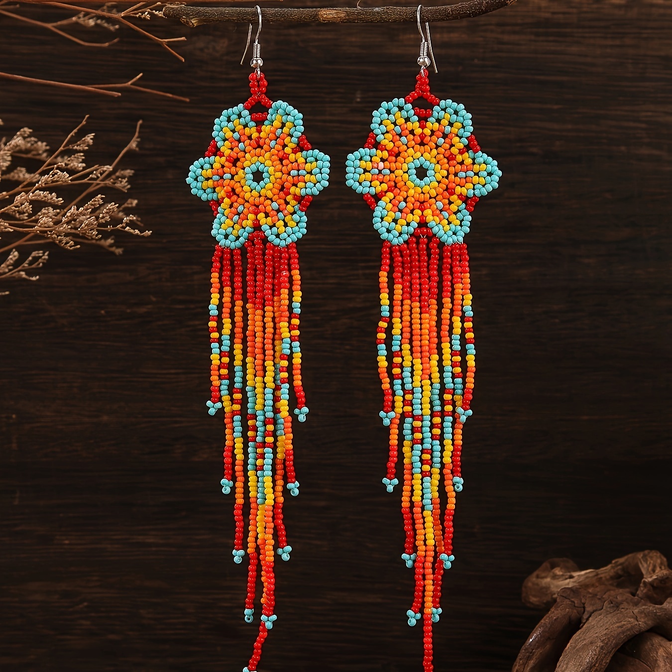 Image of A Pair Of Bohemian Style Floral Pattern Glass Bead Handmade Woven Beaded Earrings For Women, Featuring Fashionable Dangling Tassels, Wear And Gifting