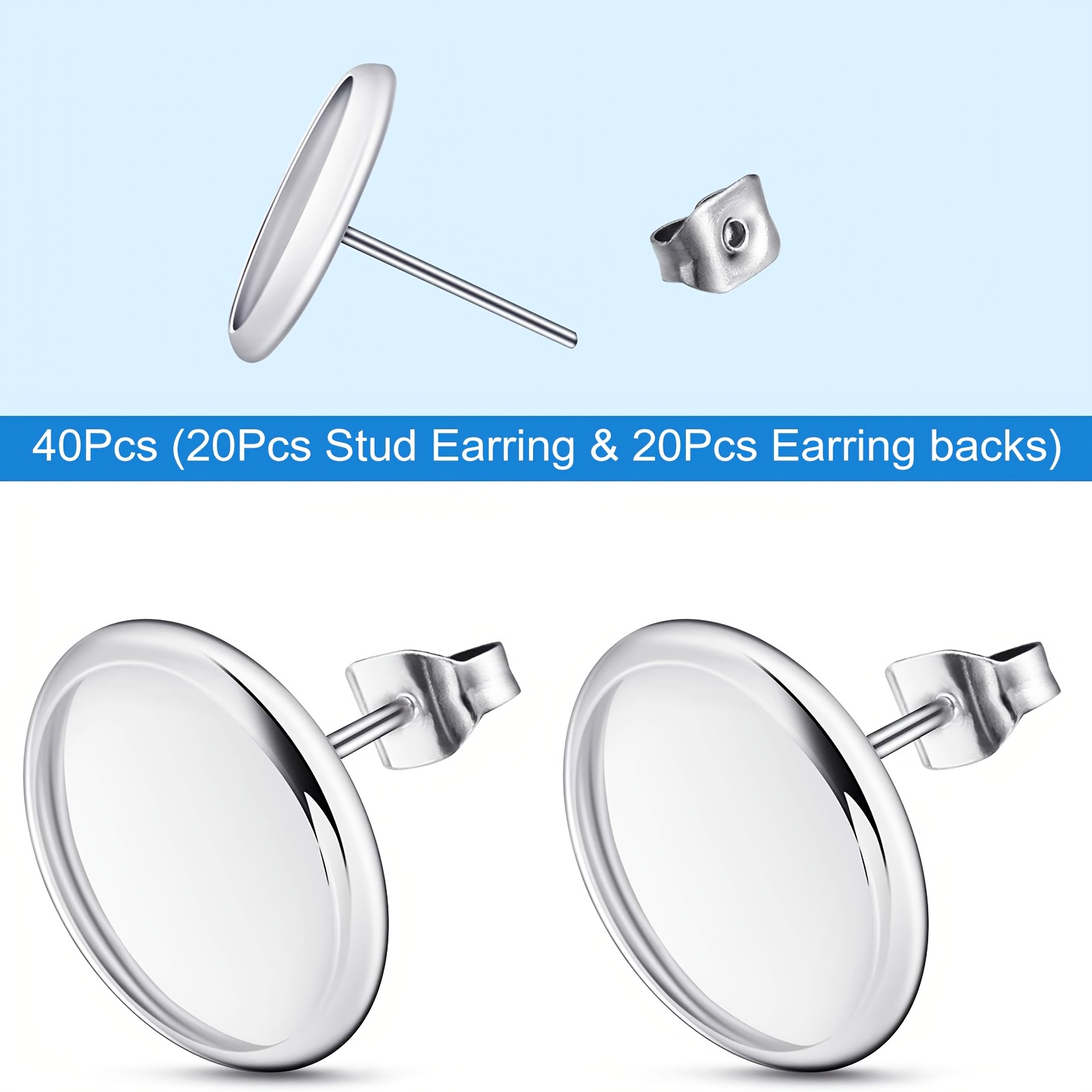 E-shop 2D-flach, 40/100 Stk. 12 mm Edelstahl-Steckerohrringe, flache runde Zargen, Ohrring-Rohlinge, Cabochon-Ohrringfassungen für die