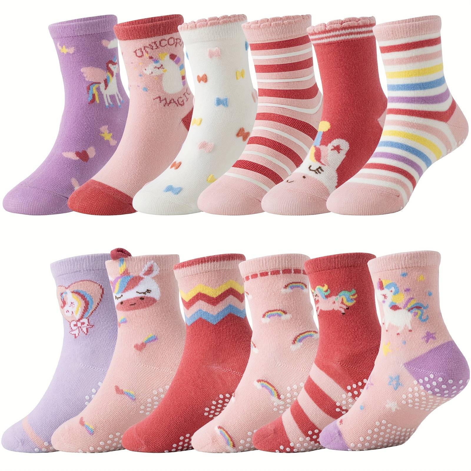 

12 Pairs Of Baby Girls Toddlers Grips Socks Kids Non Slip/ Unicorn Striped Crew Socks