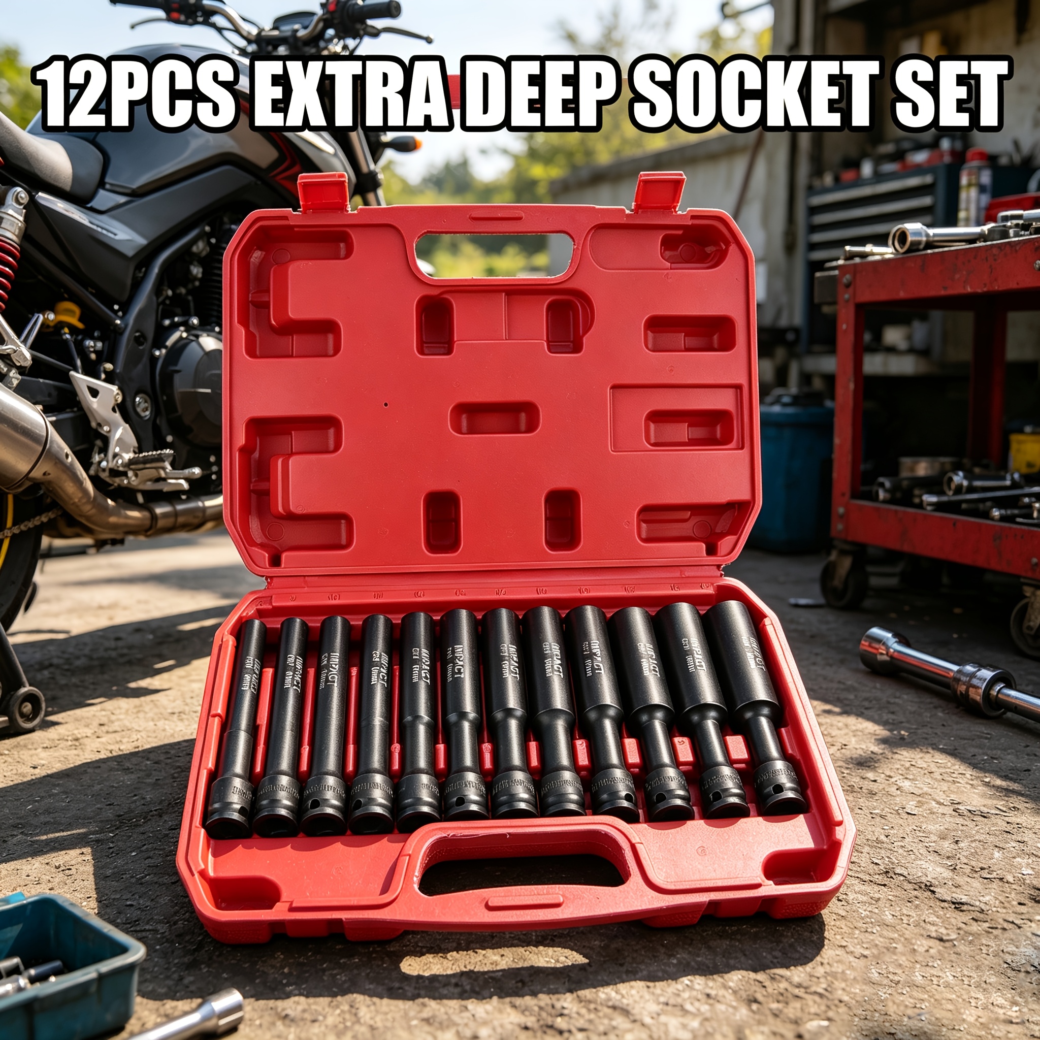 Seketman 12pcs Extra Deep Socket Set, 3/8"inch Drive Set, Metric Size, 8-19mm, Thin Wall Socket Set, Steel Made, Phosphate Finishing, Fit For Moto Repairing