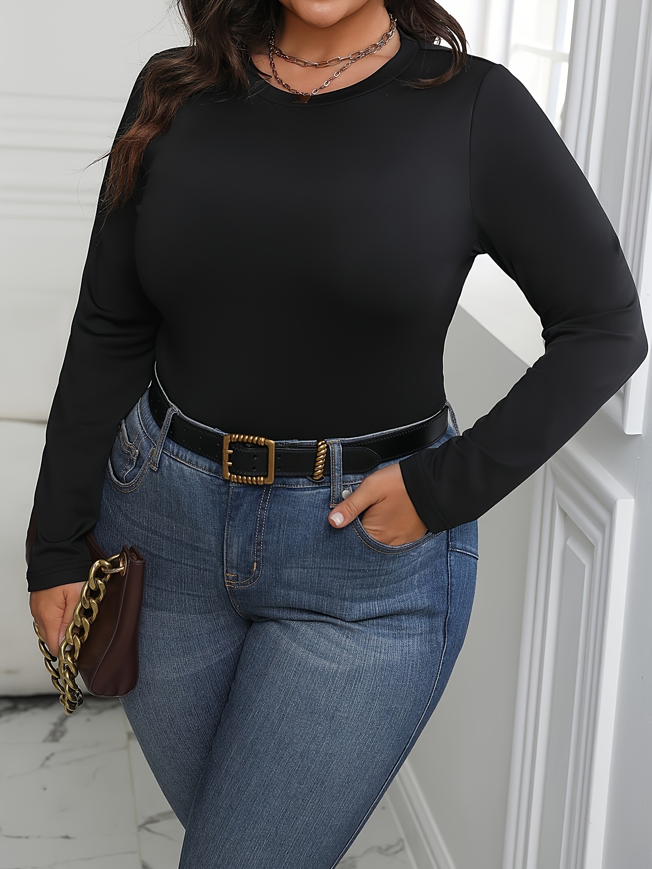 Solid Long Sleeve Bodysuit Plus Size Casual Crew Neck One - Temu Canada