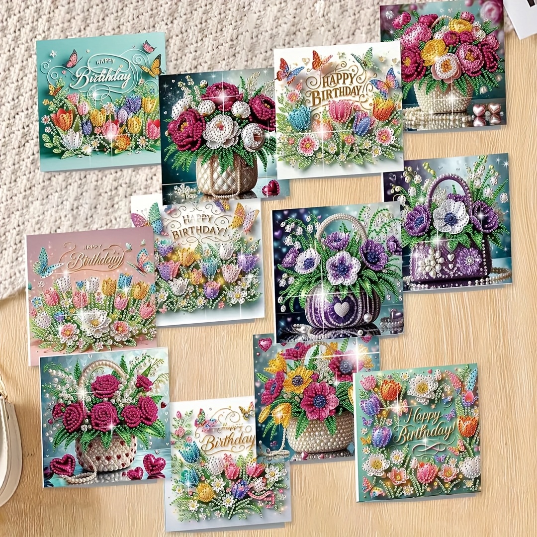 TEMU A Set Of 12 Diamond Painting Greeting Cards Featuring Creative Floral Designs, Unique Handcrafted New Year And Birthday Cards, Perfect For