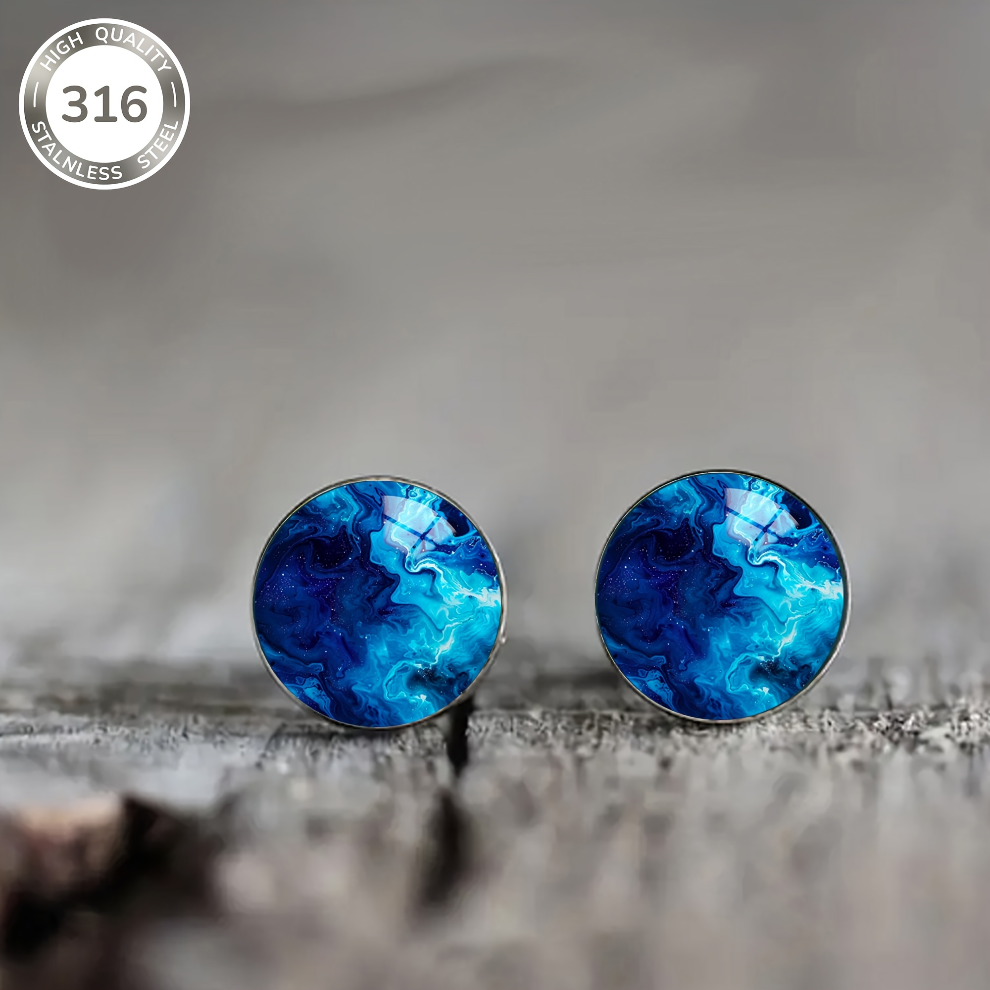 1 Pair Of Blue Wave Pattern Steel Earrings, Natural For Men And Women' Party Wear Jewelry Gift