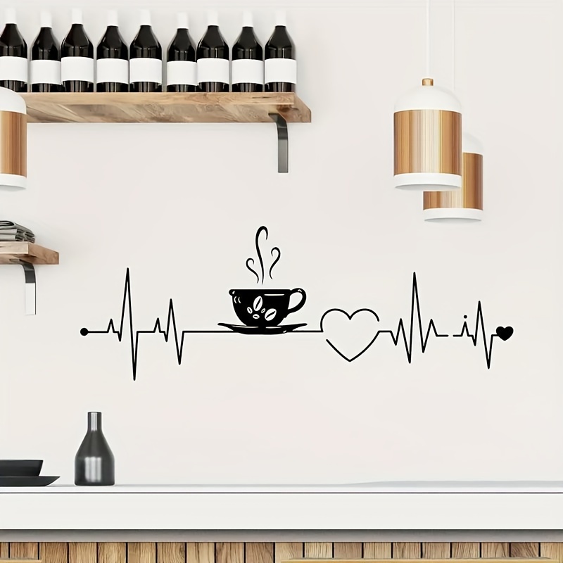 1pc Modern Coffee Cup & Heartbeat Vinyl Wall Decal - Removable Waterproof Sticker, Finish For Kitchen, Living Room, Cafe - Easy To Apply, No Power Needed Home Decor, Coffee Bar Accessories