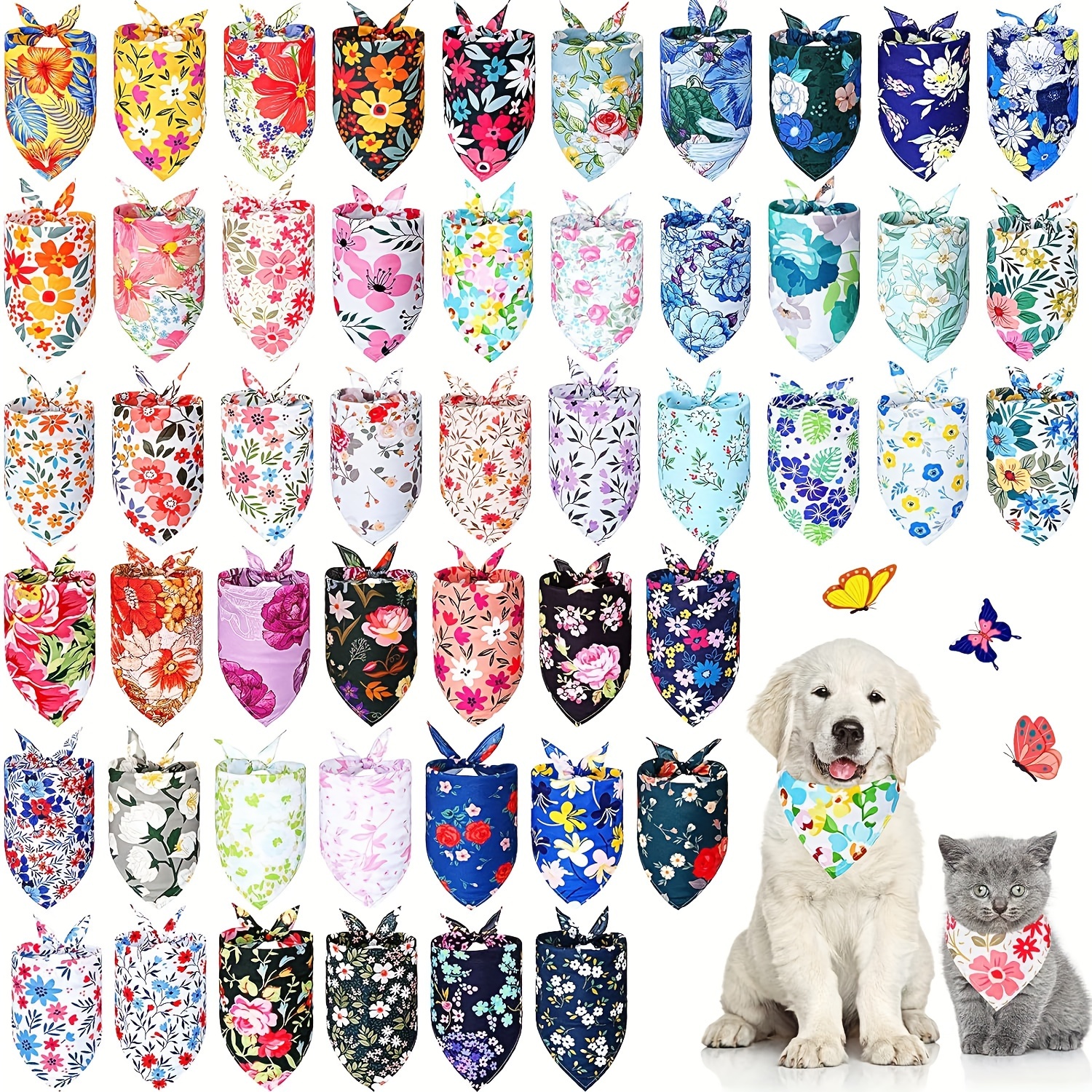 

50 Pack Of Floral Dog Bandanas - Suitable For All Seasons - Hand Wash Only - Varying Sizes For Medium, Large, And Small Breeds - Polyester Material - Perfect For Winter, Summer, Spring, And Fall