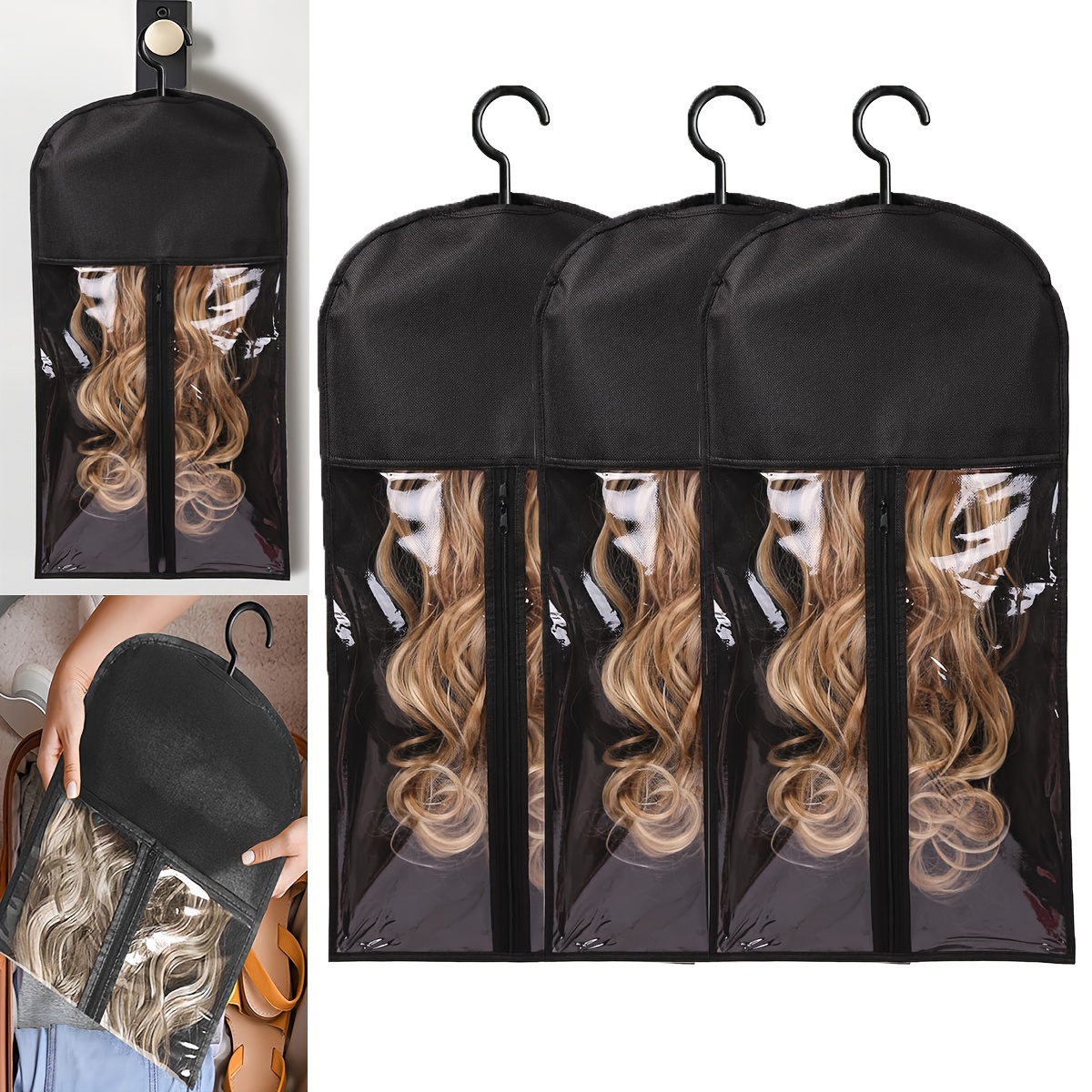 

3 Pcs Hair Extension Holder: Wig Storage For Multiple Wigs, Holder Wig Bags, Storage With Hanger, Hair Extension Storage, Wig Hanger For Multiple Wigs, Hair Extensions, Wigs & Accessories