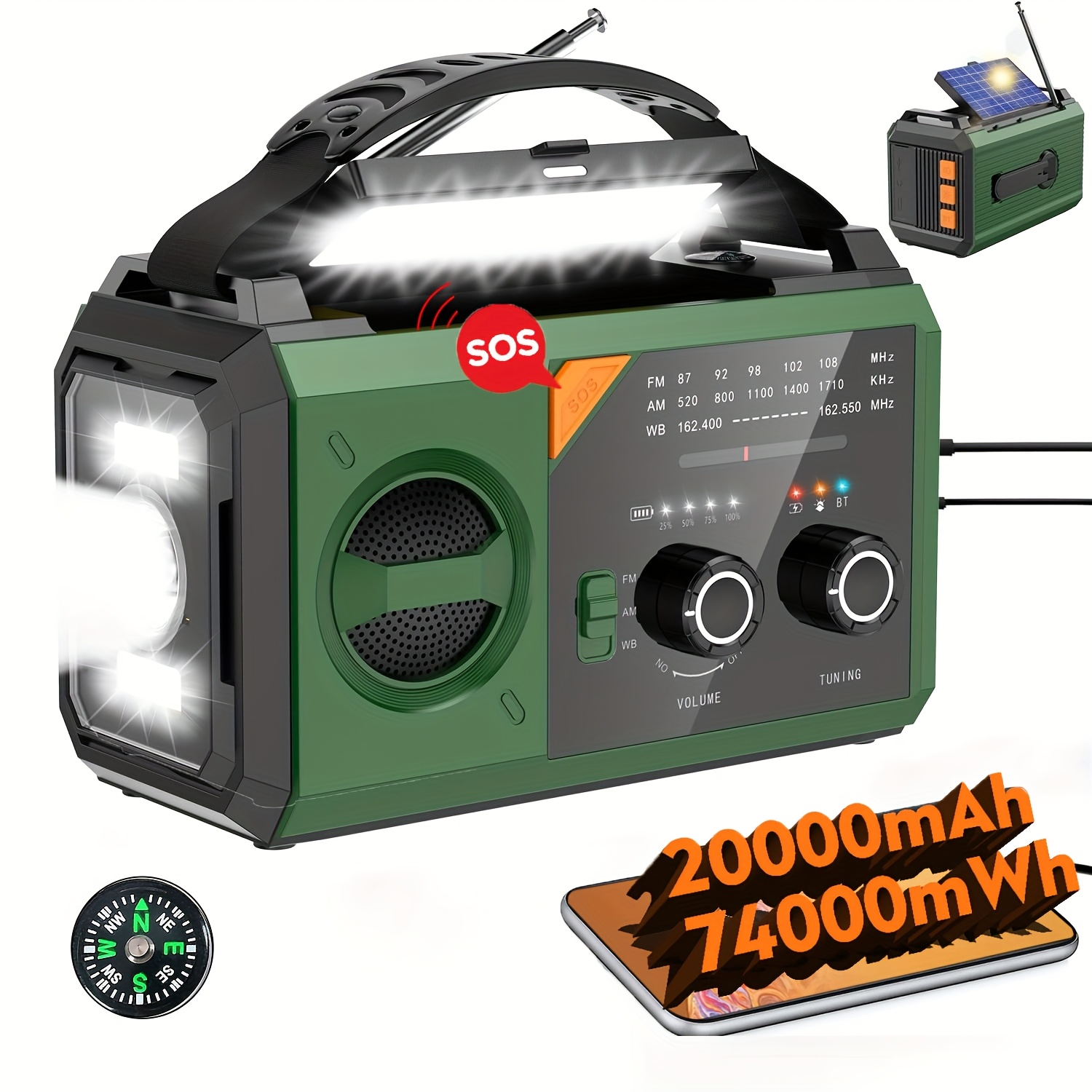 Radijska postaja za nujne 20000mAh, prenosni vremenski radio, brezžični zvočnik v retro slogu s podporo za polnjenje preko USB/sončne