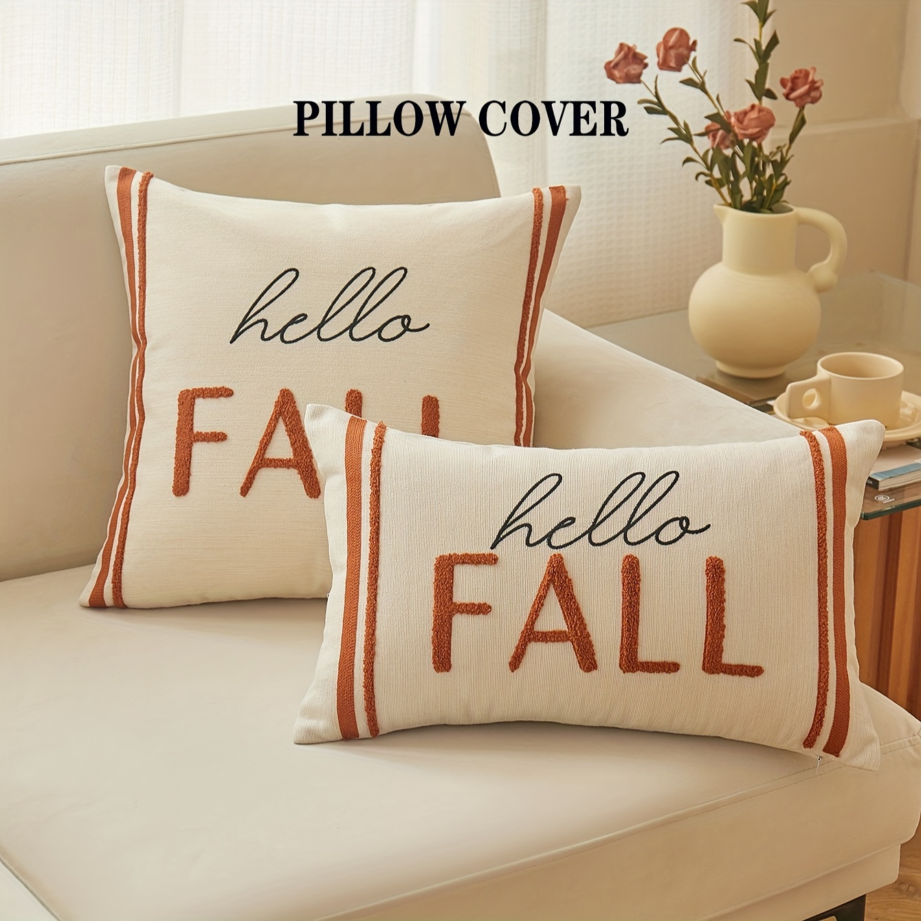 

Contemporary Embroidered "hello Fall" Lettering Throw Pillow Cover, 100% Polyester, Zipper Closure, Spot-clean, Woven, Suitable For Various Rooms, Home Decor Cushion Cover - 1 Piece