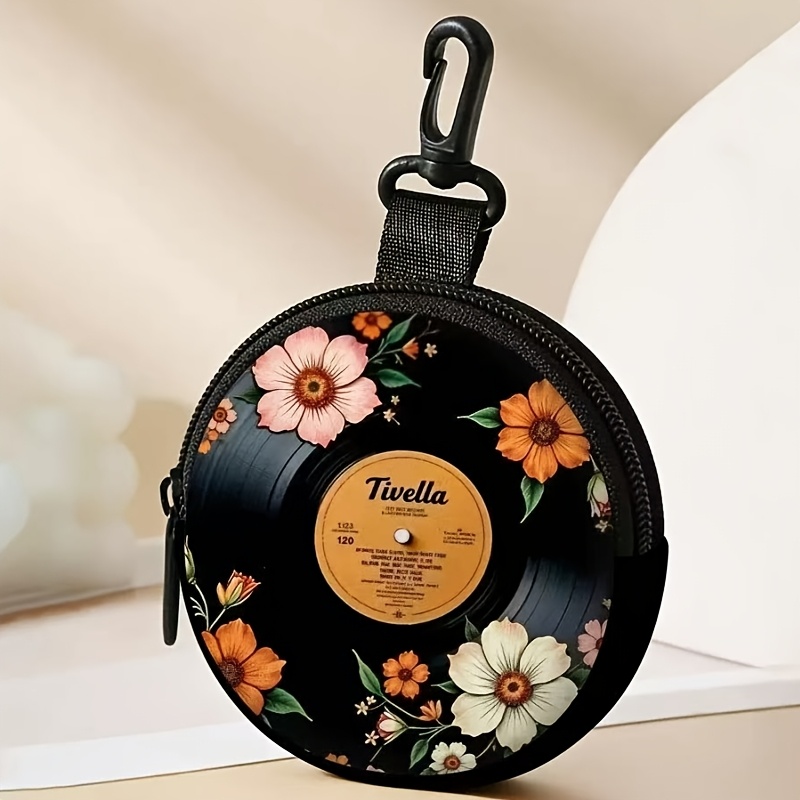 TEMU ヴィンテージ レコード盤 ルプリント 小銭入れ、ポータブル フック式 イヤホン収納ポーチ、ティブプリント 小さなバッグ、ショルダーバッグ/バックパック/ハンドバッグ用