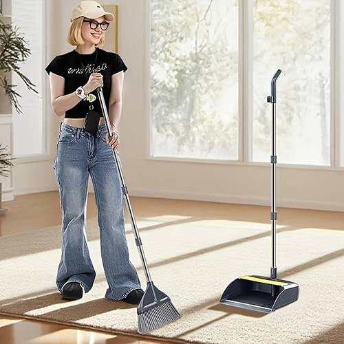 3 in 1 heavy duty broom and dustpan combo with long handle adjustable height thickened stainless metal reinforced edges ergonomic sweeping cleaning for hard floors indoor outdoor use suitable for hair cleaning