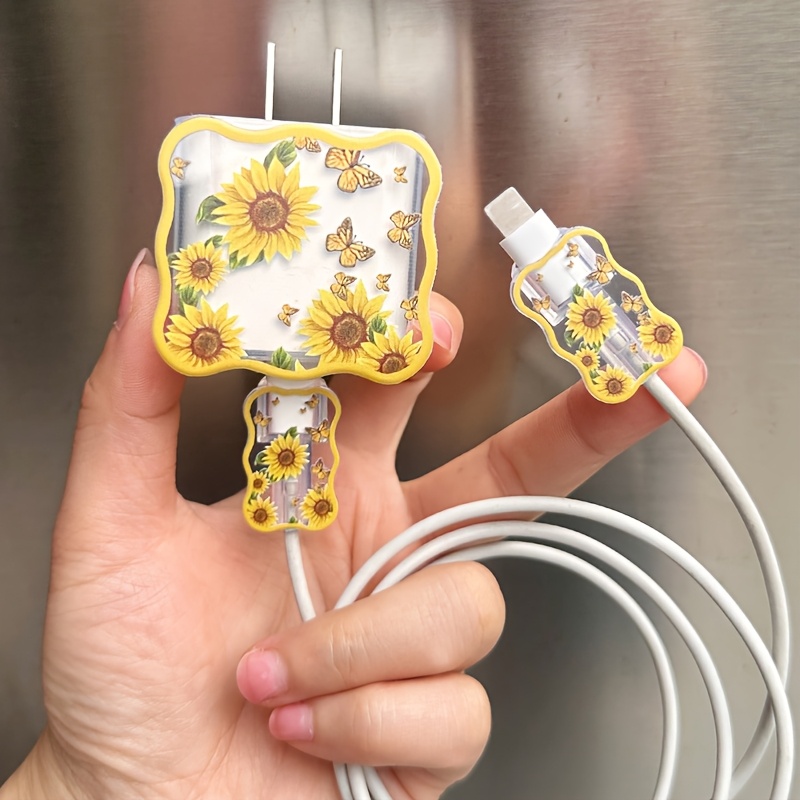 TEMU 3pcs Lace Sunflower Pattern Charger Head Cover And Data Cable Protector Set