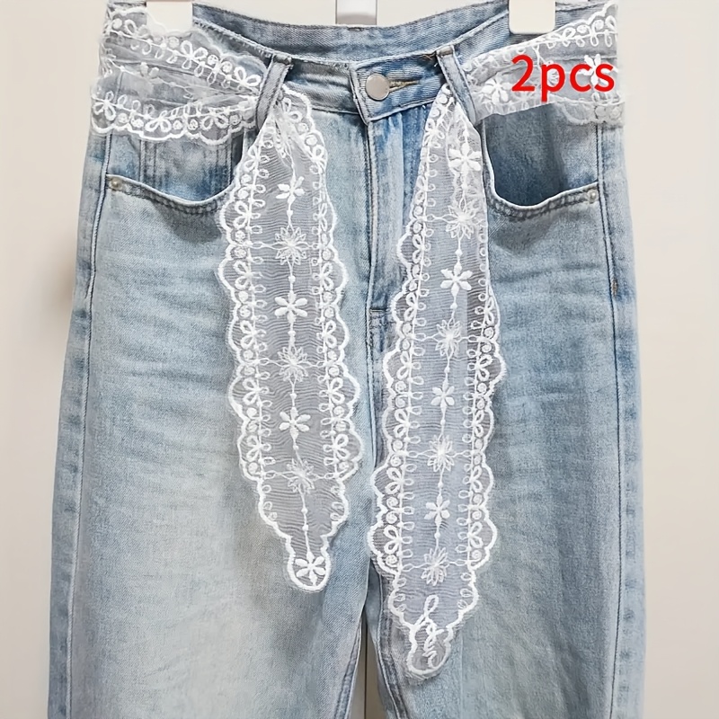 TEMU 2pcs Vintage Style Lace Belts - Elegant Long Sashes With Floral Patterns, Machine Washable, Suitable For Weddings, Parties, Beach , And Casual