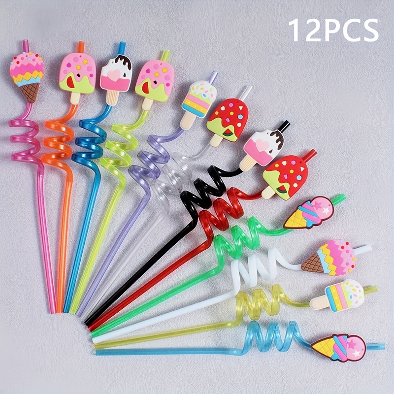 Image of 12pcs Reusable Ice Cream Theme Party Straws, Fun Drinking Straws For Juice, Smoothies, And Desserts, Durable Plastic Straws, For Birthday Celebrations And Summer Parties