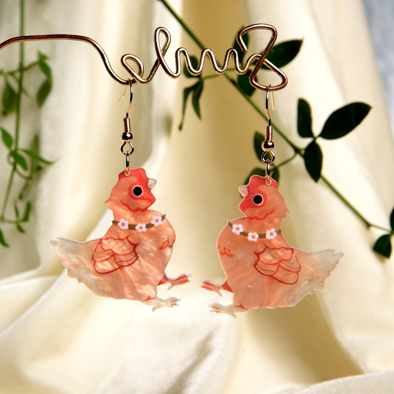 Fun and quirky statement earrings, creative brown floral hen design acrylic resin drop dangle earrings for women or s, perfect summer/winter vacation beach party gift for her or couples