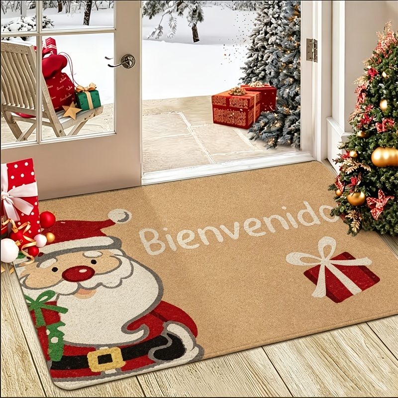 TEMU 1pc Christmas-themed Welcome Mat, Khaki Background With "bienvenidos" Text And Santa Claus Design, Featuring Gift Patterns. Made Of Fleece,