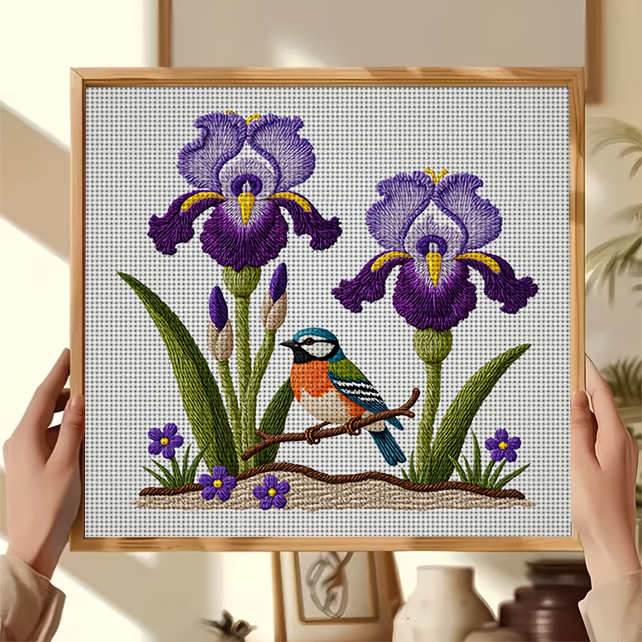 Cross Stitch Printed Kit, Frameless Purple Iris Blue Red Bird Design