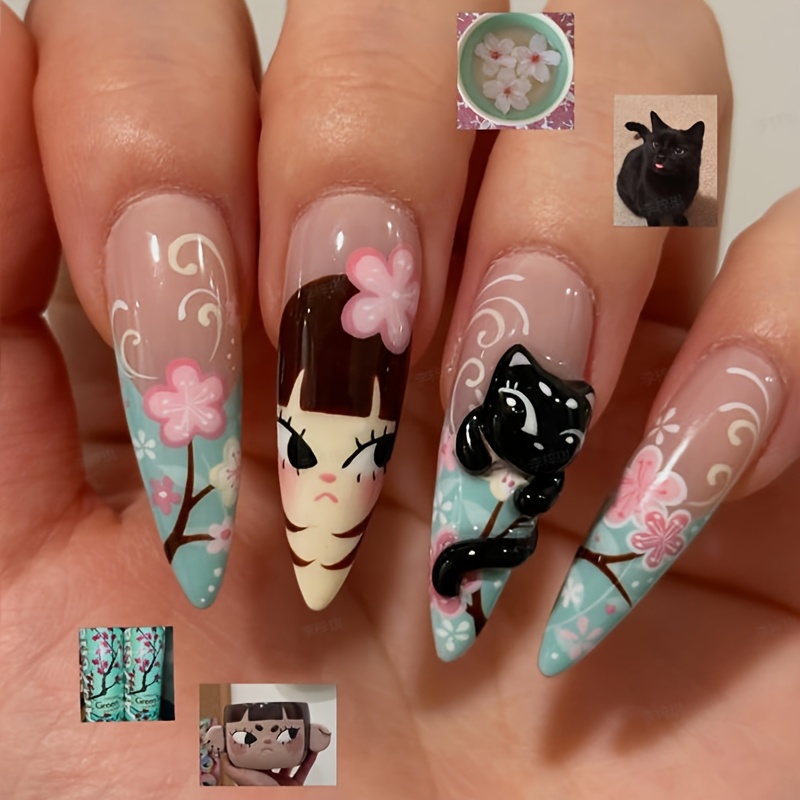 TEMU 30pcs Cartoon Theme Spring Stiletto/almond Press-on Acrylic Nails Long Surface Glossy Blue Tips Gel Nails Summer Reusable With And Cat New