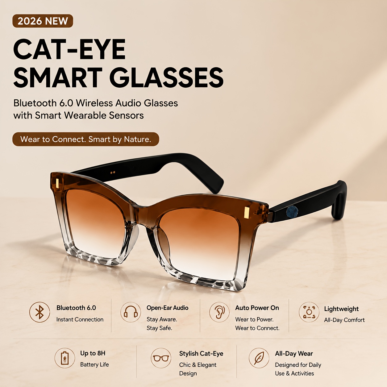TEMU 2026 New Women's Cat Eye Smart Glasses, Bluetooth 6.0 Wireless Audio Eyeglasses With Sensor, Bluetooth For Driving Daily Outdoor