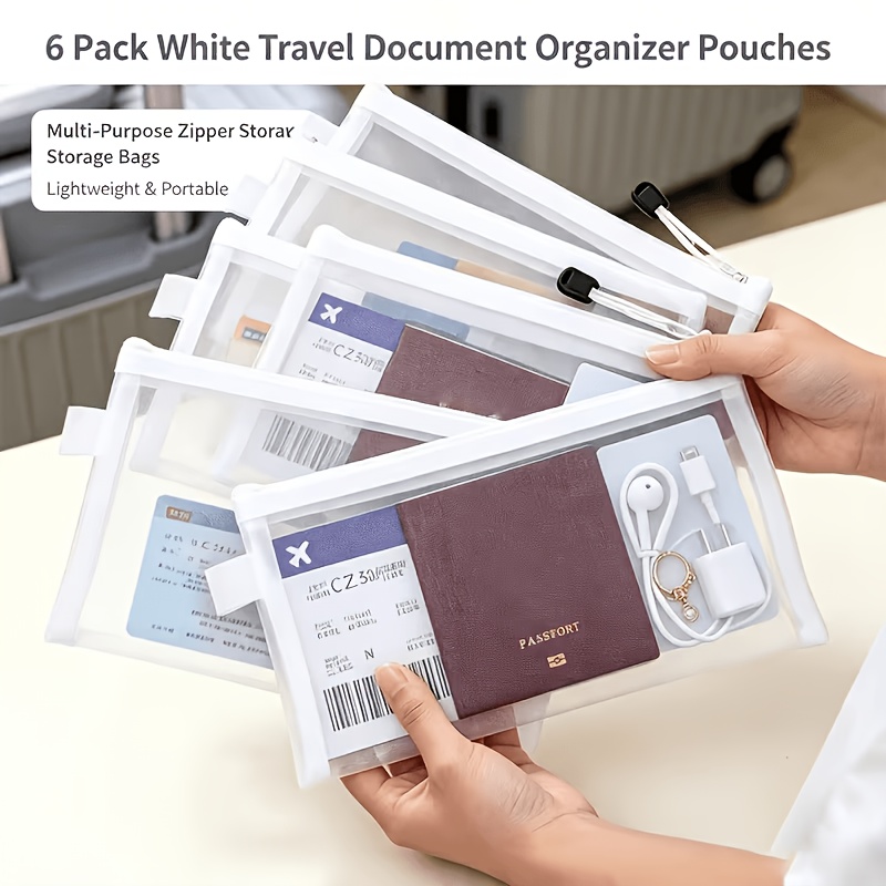 TEMU Lot de 6 organisateurs de documents de voyage blancs à fermeture éclair - Pochette de rangement polyvalente, convient pour passeports, billets