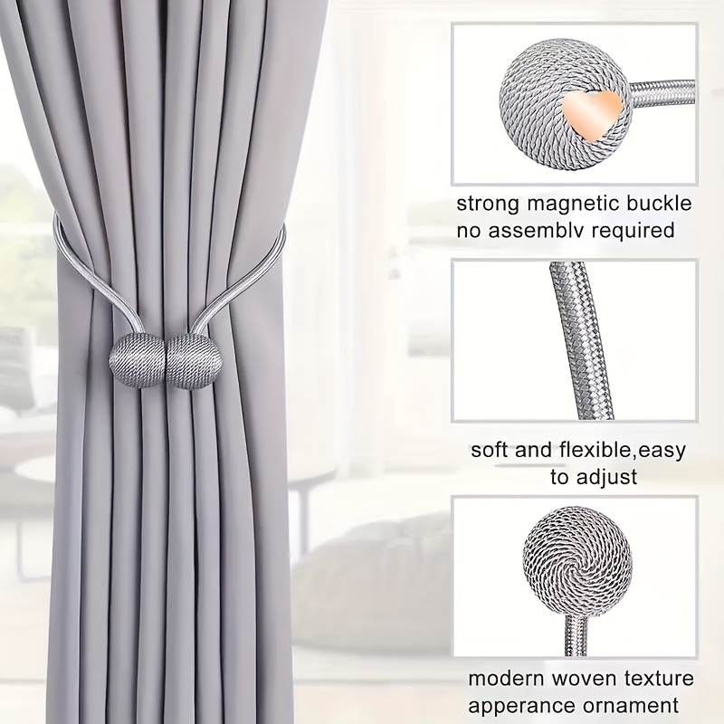 Four Light Gray Minimalist Modern Magnetic Curtain Ties, Magnetic Curtain Straps, Contemporary Curtain Clips, European Curtain Rope Ties, Suitable for Home, Office, And Hotel Window Decoration